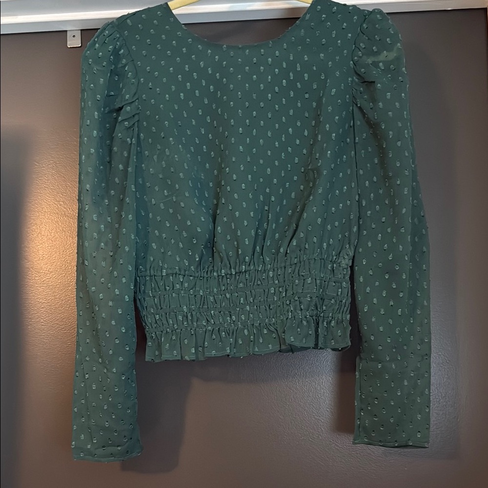 Express Green Smocked Puff Sleeve Blouse